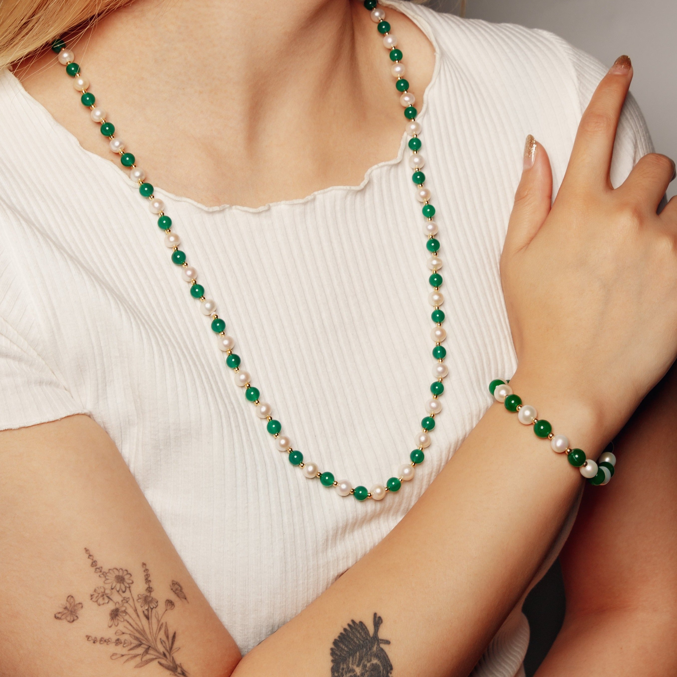 【Chalcedony】S925 Pearl Beaded Jade Bracelet