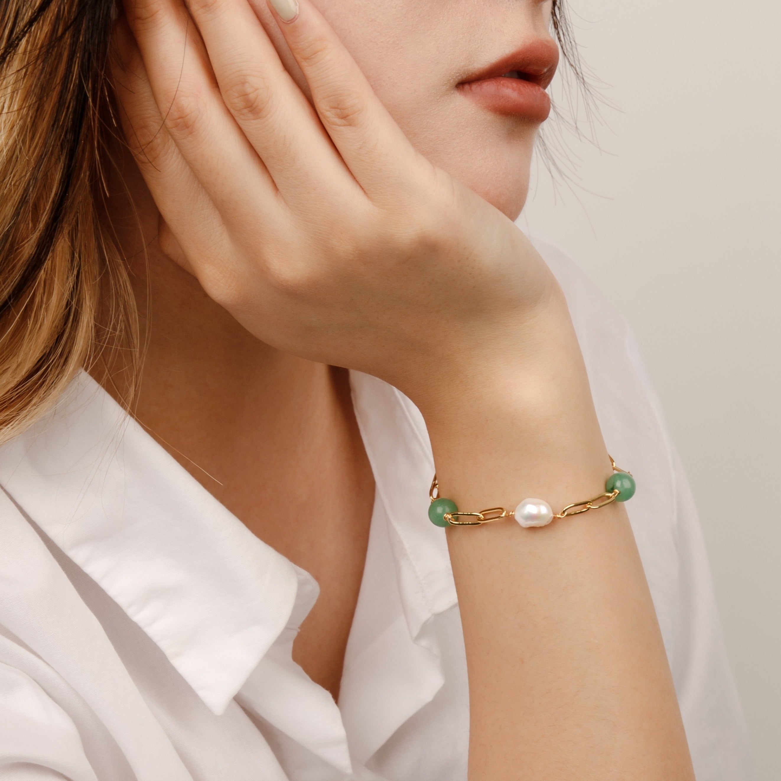 【Aventurine】Pearl Linked Jade Bracelet