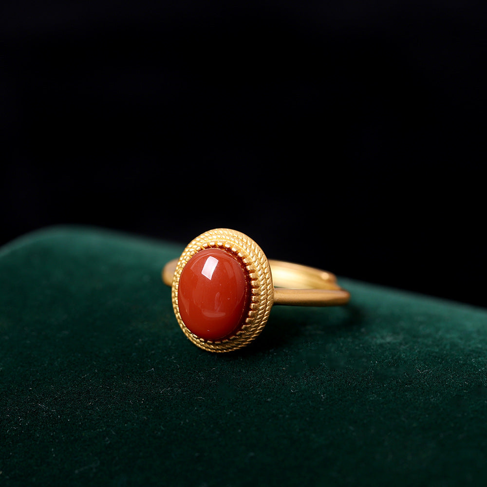 Gold Round Red Nanjiang Carnelian Ring