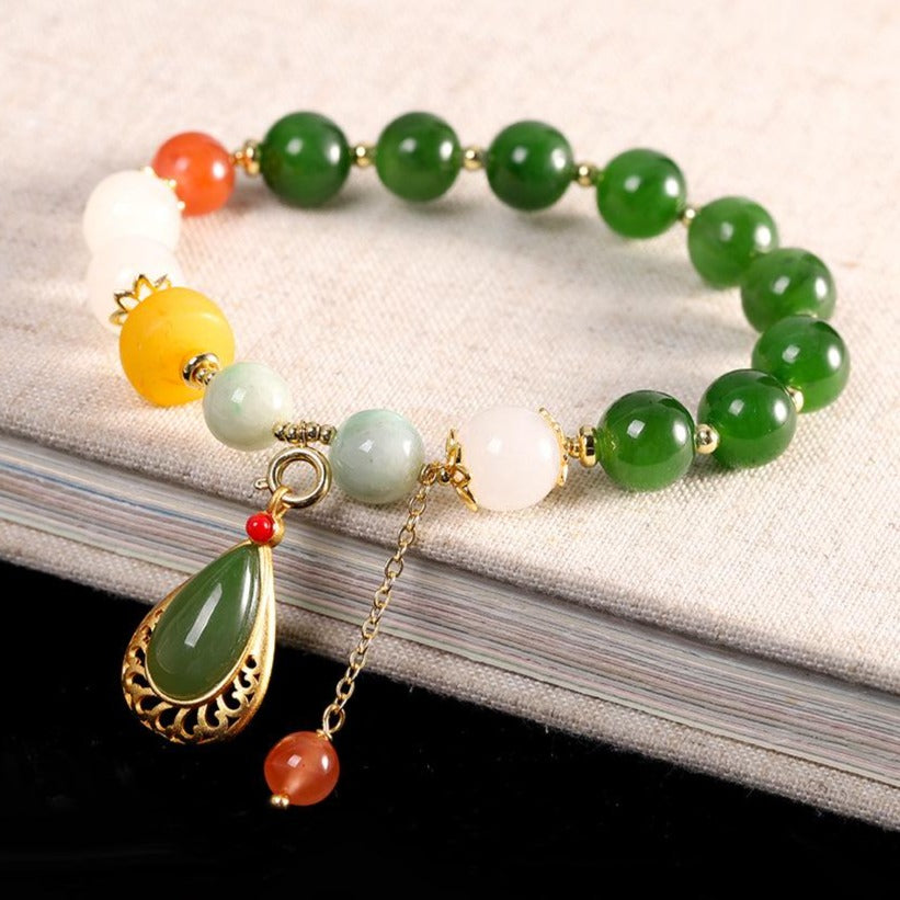 【Hetian Jade】S925 Silver Silver Rosary Beads Green Hetian Jade Bracelet
