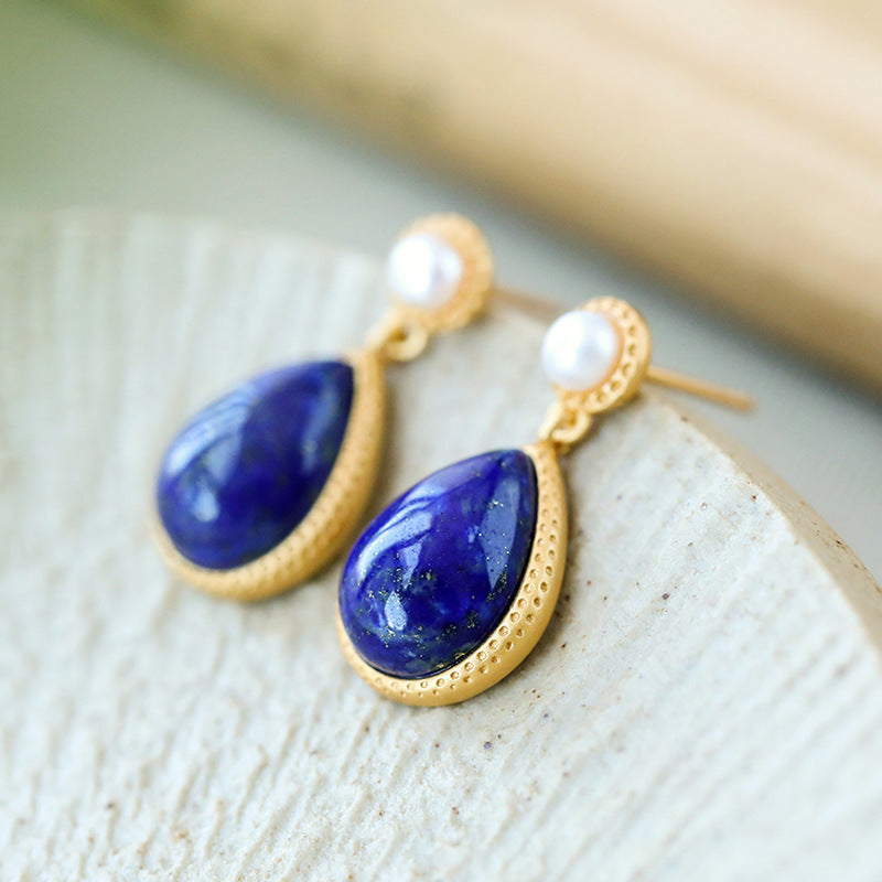 【Lapis Lazuli】S925 Silver Pearl Drop-Shaped Blue Earrings