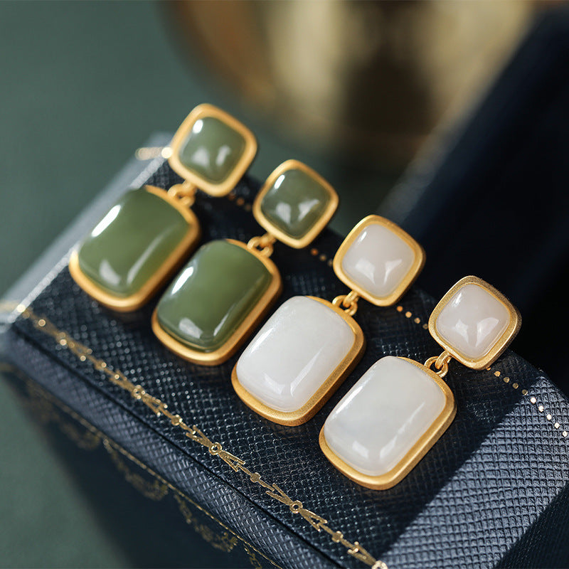 【Hetian Jade】S925 Silver Geometric Celadonish Jade Earrings