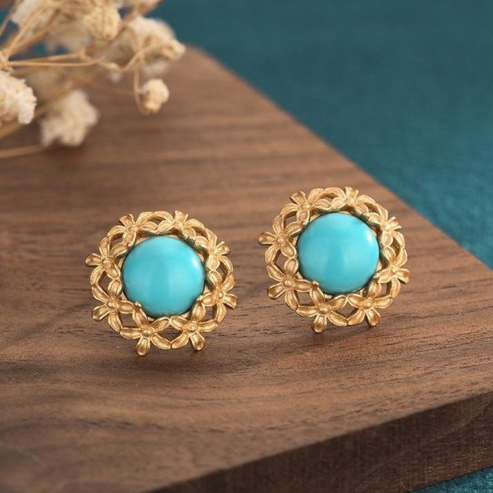Gold Floral Round Green Turquoise Earrings
