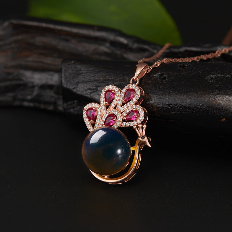 Peacock Antique Design  Blue Amber Necklace