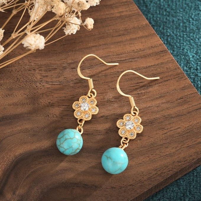 Gold Floral Bead Green Turquoise Earrings