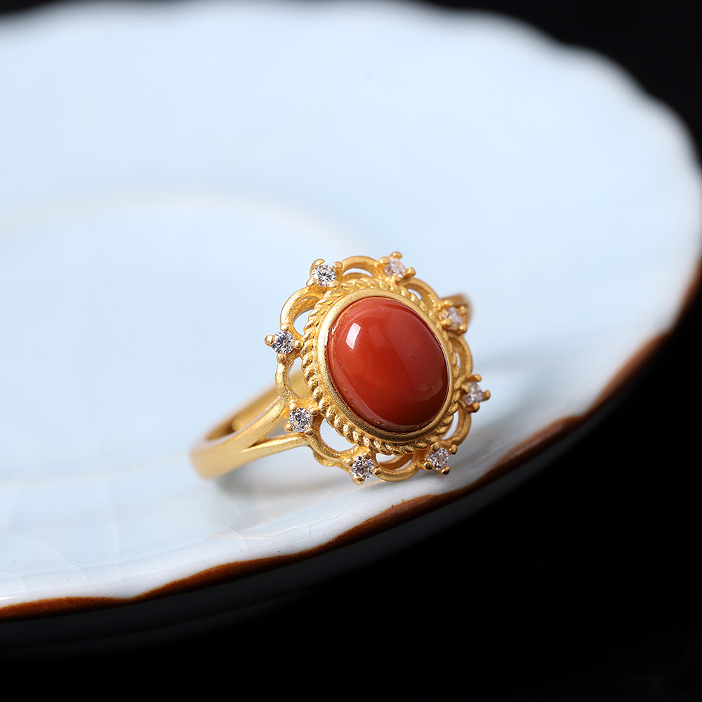 Gold Floral Red Nanjiang Carnelian Ring