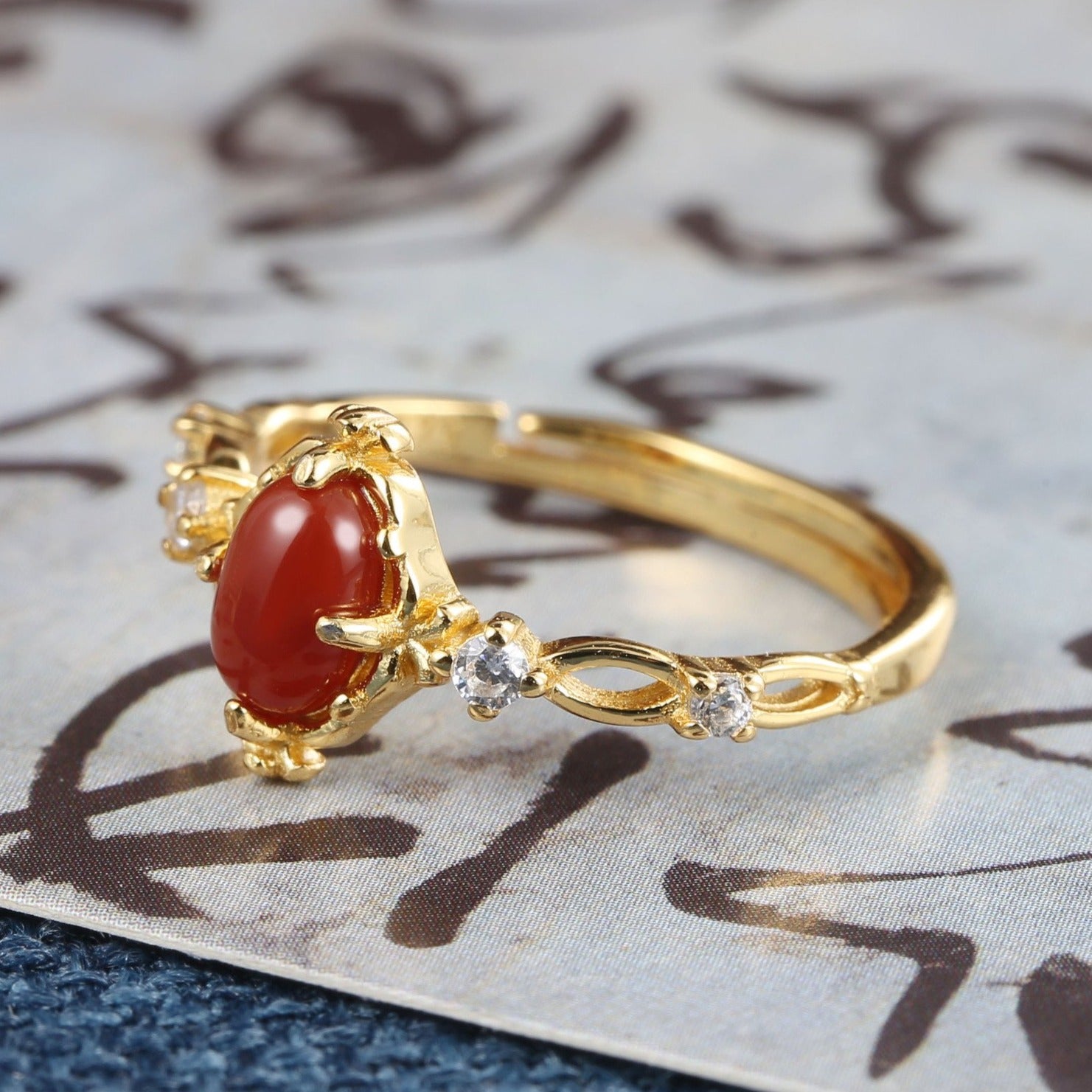 Gold Gemstone Red Nanjiang Carnelian Ring