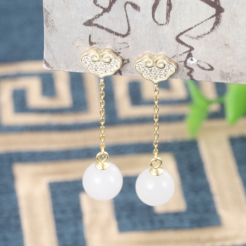 【Hetian Jade】S925 Silver Gold Tassels Bead White Hetian Jade Earrings