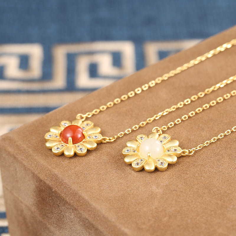 S925 Silver Gold Sun Flower Red White Jade Necklace