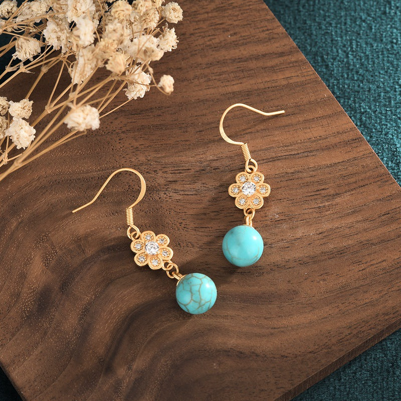 Gold Floral Bead Green Turquoise Earrings