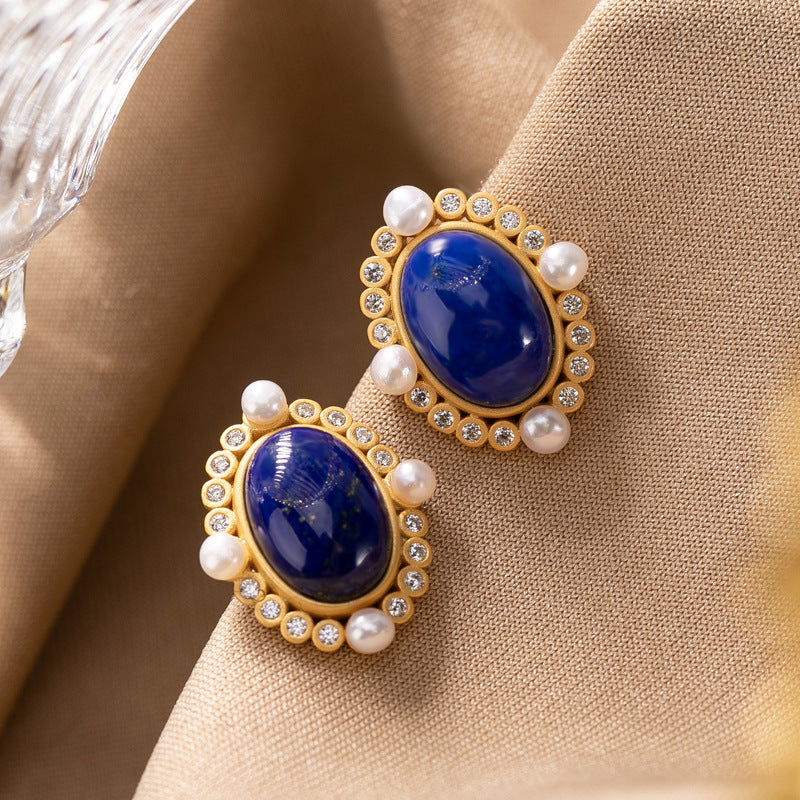 【Lapis Lazuli】S925 Silver Oval Earrings