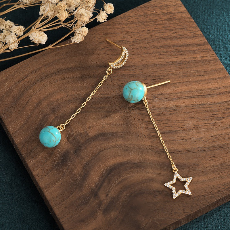 Gold Star Moon Green Turquoise Earrings