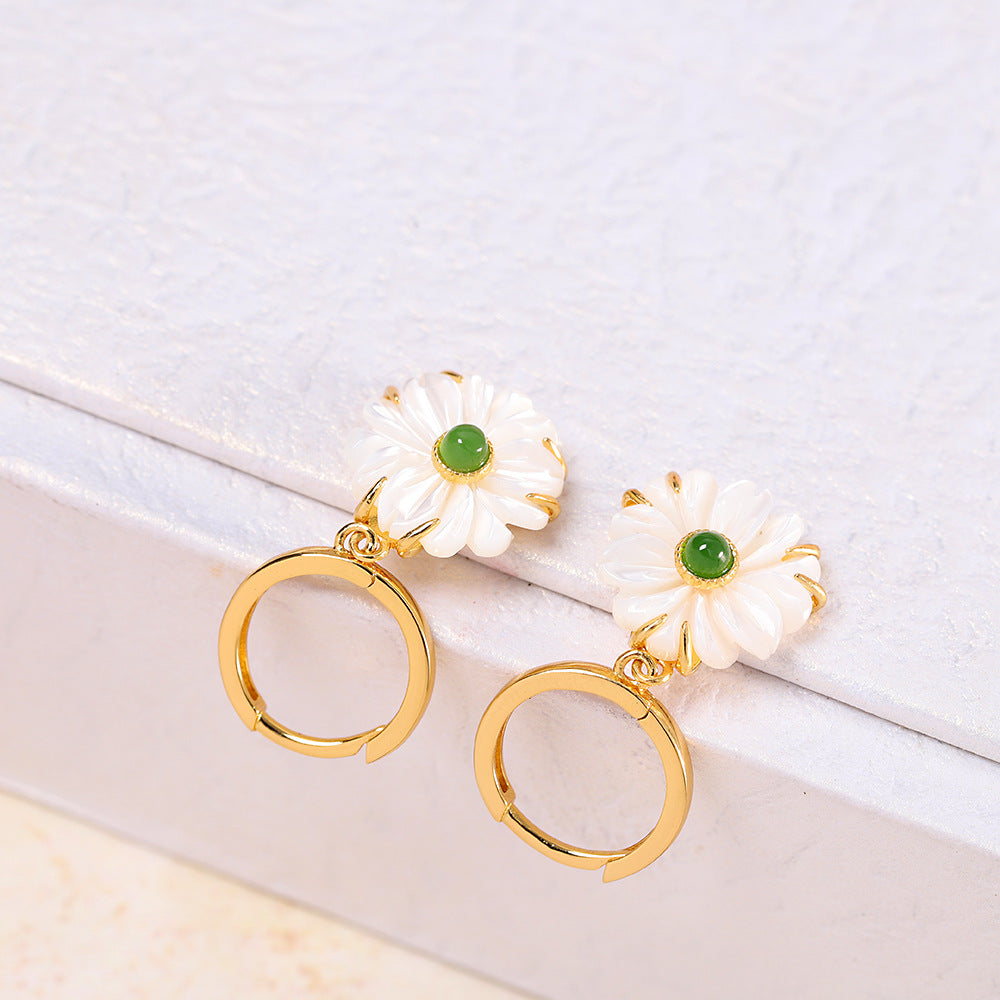 【Hetian Jade】S925 Silver Daisy White Hetian Jade Earrings