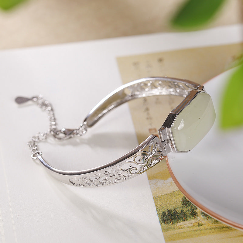 【Hetian Jade】S925 Silver Bracelet Celadonish Jade Bracelet