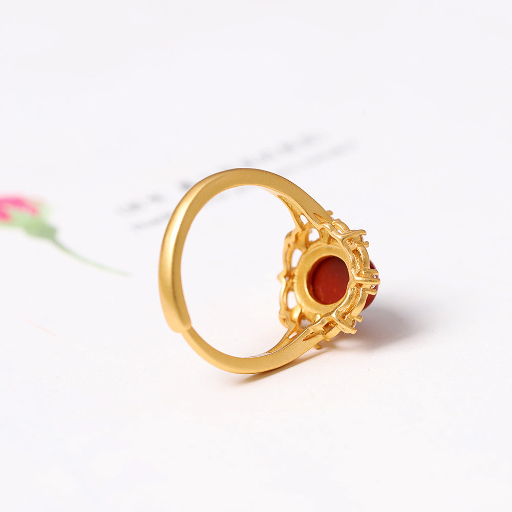 Gold Floral Red Nanjiang Carnelian Ring