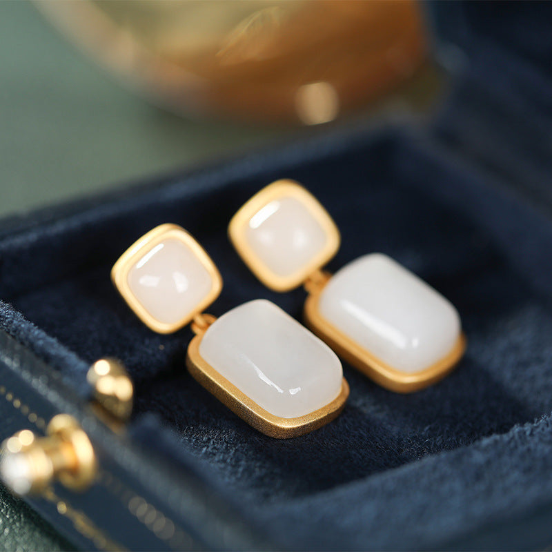 【Hetian Jade】S925 Silver Geometric Celadonish Jade Earrings