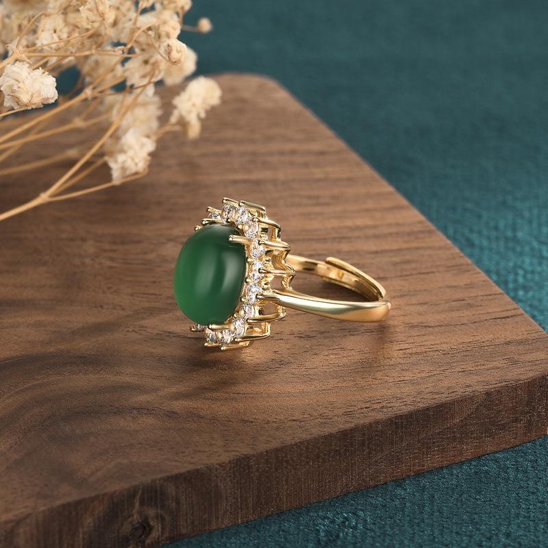 【Chalcedony】Floral Green Jade Ring