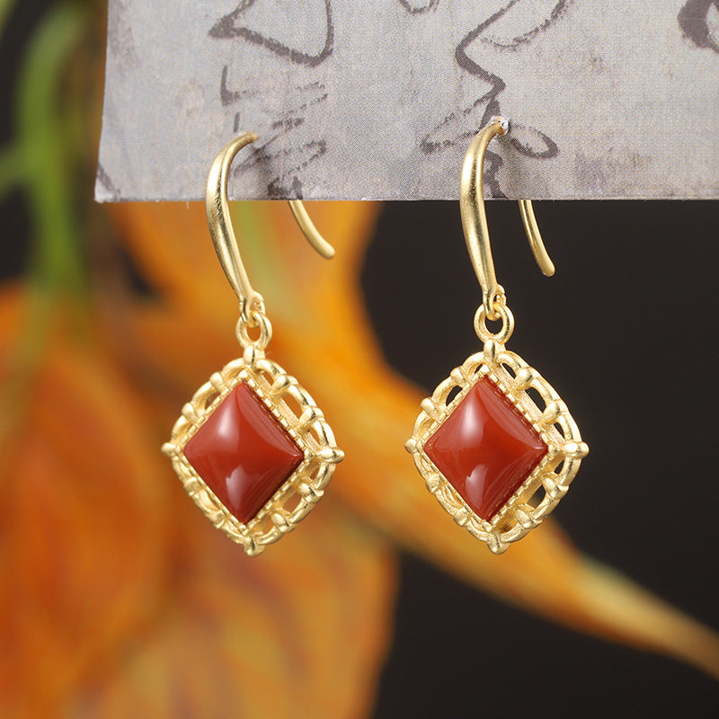 Gold Rhombus Red Nanjiang Carnelian Earrings