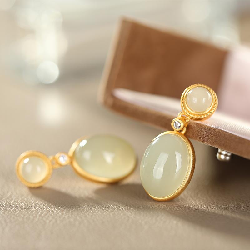 【Hetian Jade】S925 Silver Gold Geometric Celadonish Jade Earrings