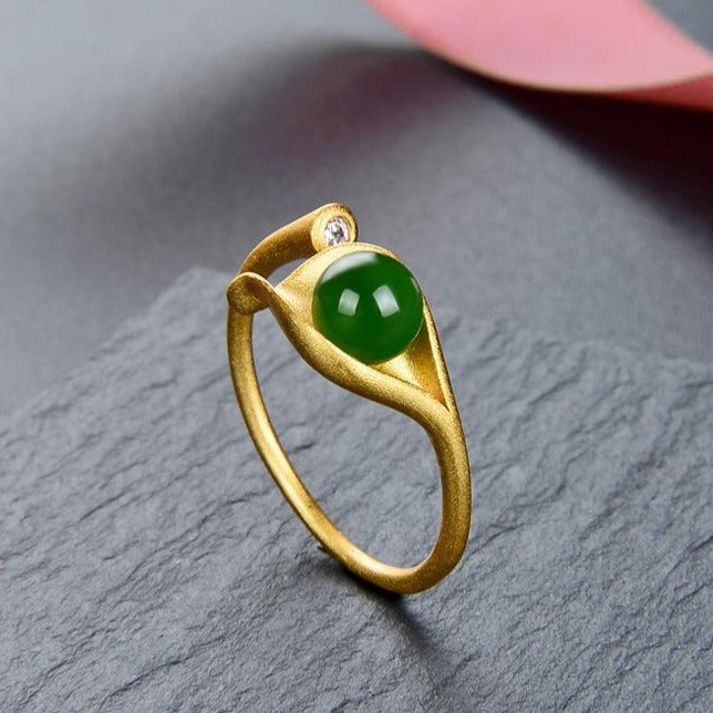 【Hetian Jade】S925 Silver Gold Gemstone Green Hetian Jade Ring