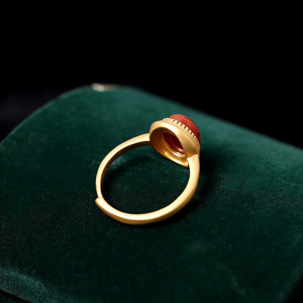 Gold Round Red Nanjiang Carnelian Ring
