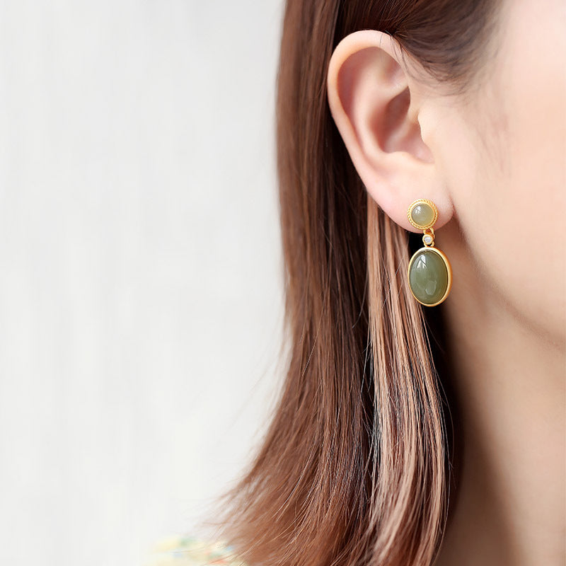【Hetian Jade】S925 Silver Gold Geometric Celadonish Jade Earrings