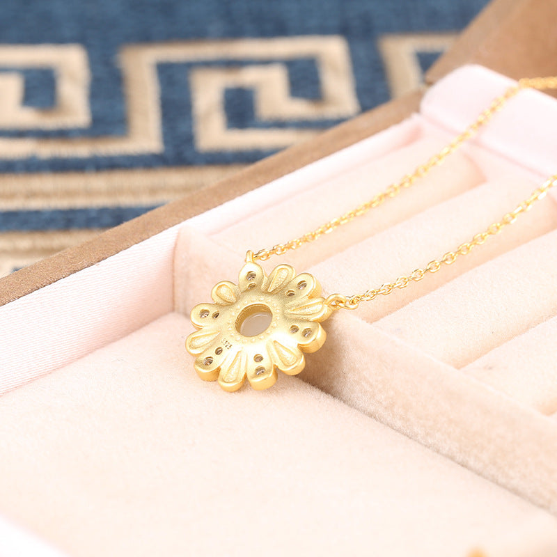 S925 Silver Gold Sun Flower Red White Jade Necklace
