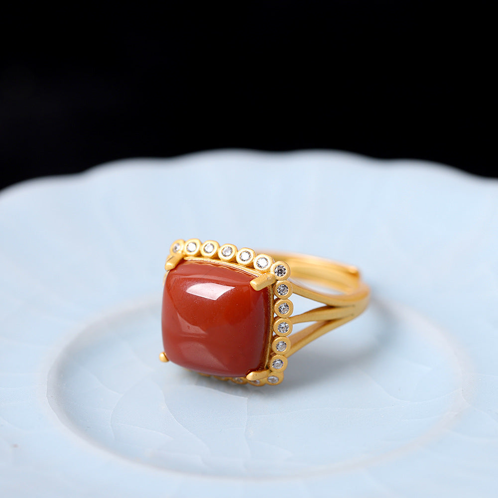 Gold Square Red Nanjiang Carnelian Ring