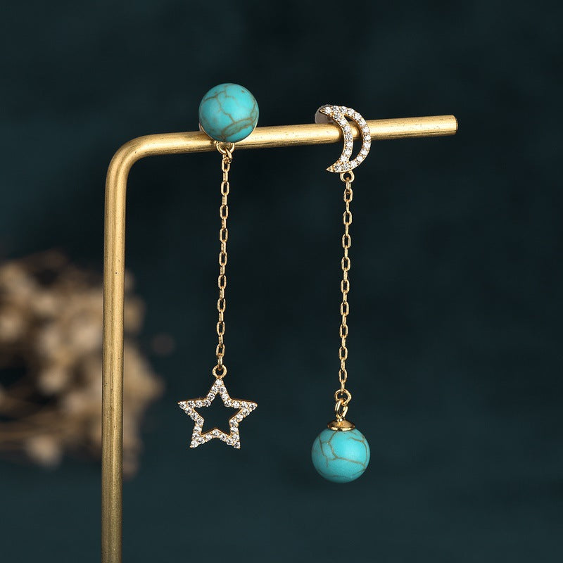 Gold Star Moon Green Turquoise Earrings