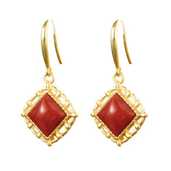 Gold Rhombus Red Nanjiang Carnelian Earrings