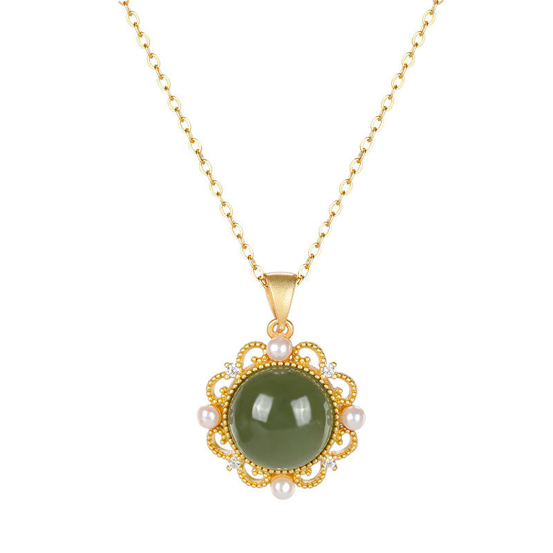 【Hetian Jade】S925 Silver Gold Round Floral Celadonish Jade Necklace