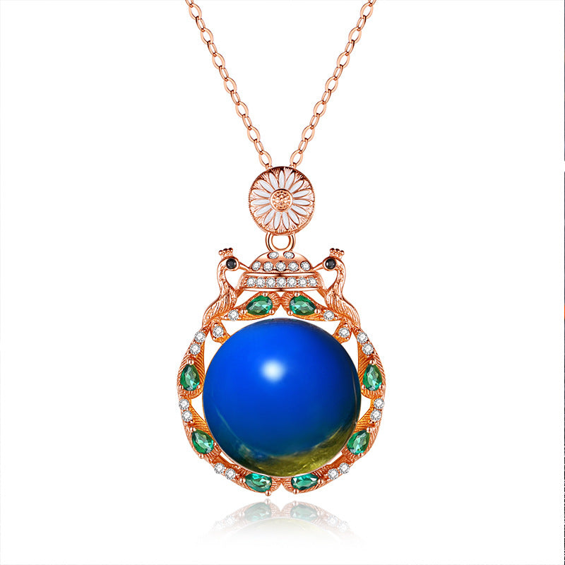Floral Design Blue Amber Necklace