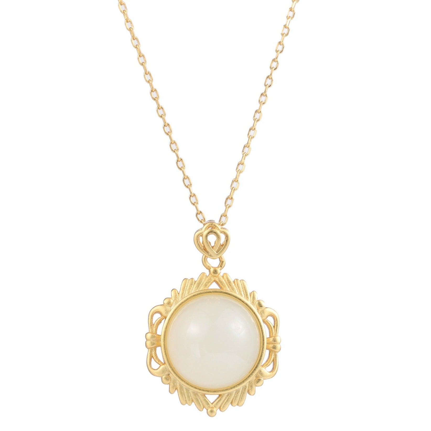 【Hetian Jade】S925 Silver Gold Round White Hetian Jade Necklace