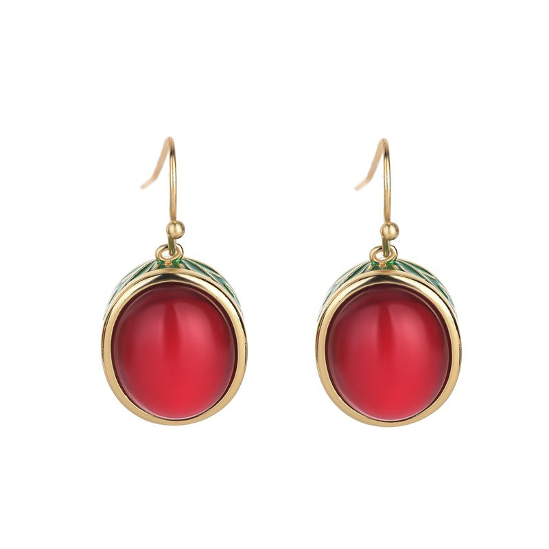Gold Round Enamel Red Red Corundum Earrings