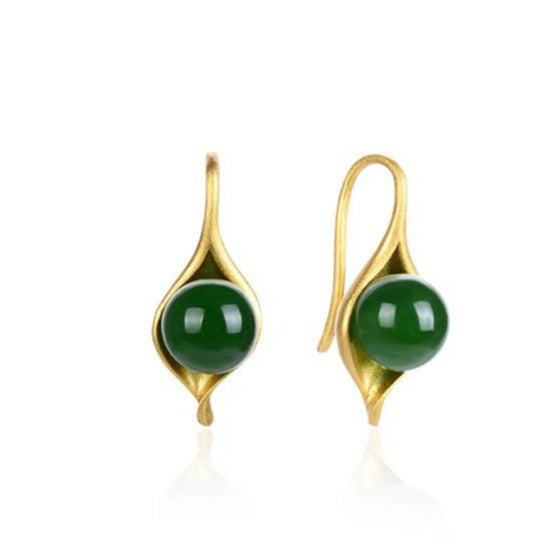 【Hetian Jade】S925 Silver Gold Geometric Green Hetian Jade Earrings