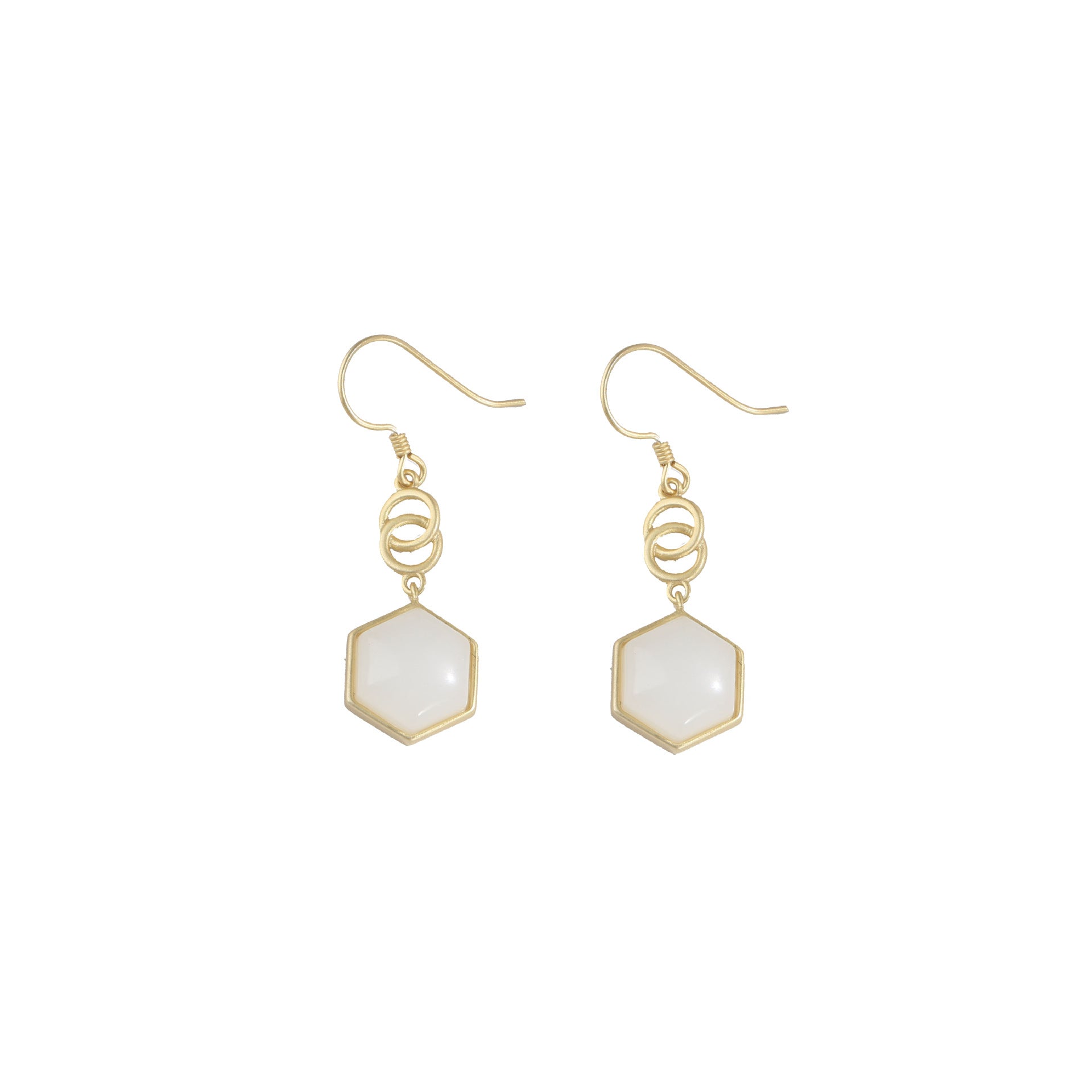 【Hetian Jade】S925 Silver Gold Hexagon White Hetian Jade Earrings