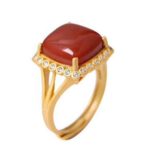 Gold Square Red Nanjiang Carnelian Ring