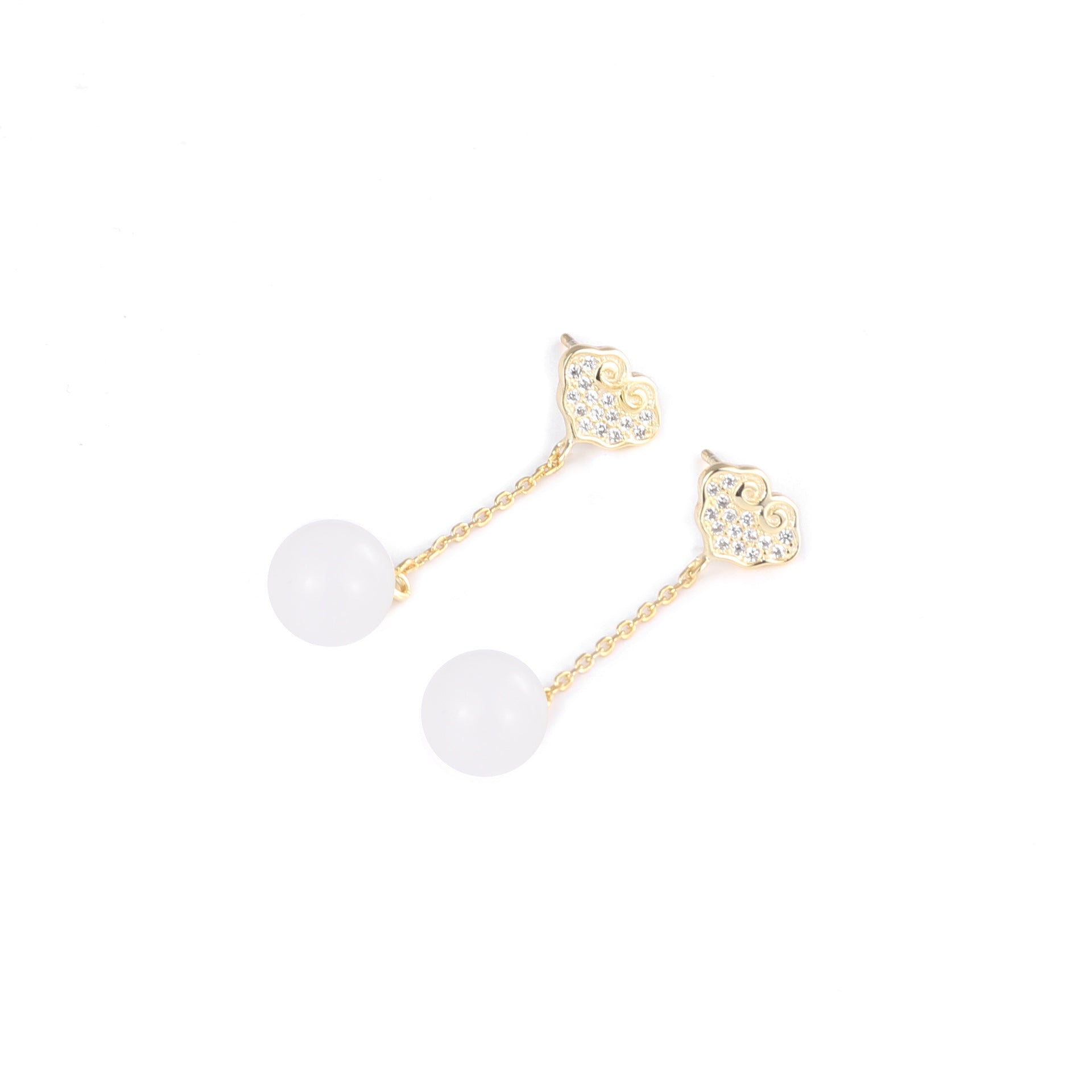 【Hetian Jade】S925 Silver Gold Tassels Bead White Hetian Jade Earrings