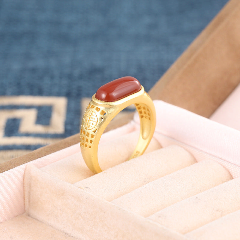 Gold Gemstone Red Nanjiang Carnelian Ring