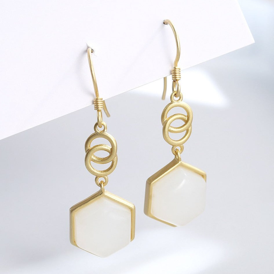 【Hetian Jade】S925 Silver Gold Hexagon White Hetian Jade Earrings