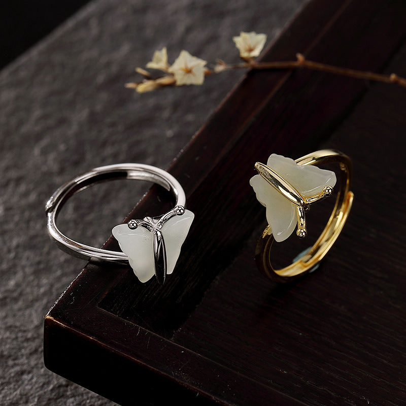 【Hetian Jade】S925 Silver Butterfly White Hetian Jade Ring