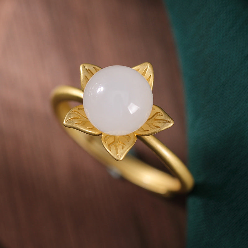 【Hetian Jade】S925 Silver Antique Design White Hetian Jade Ring