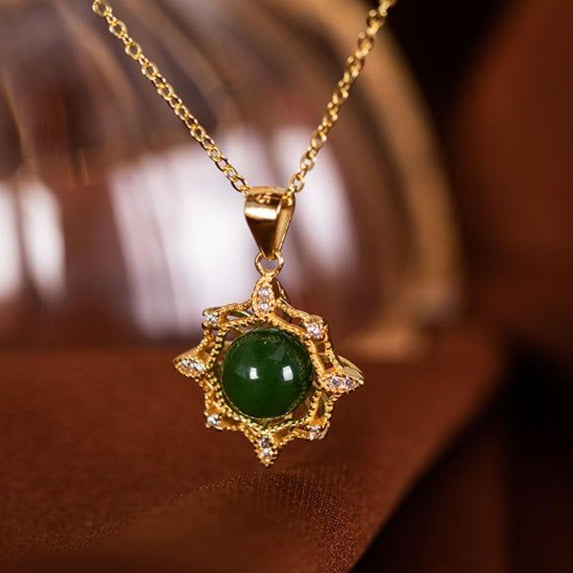【Hetian Jade】S925 Silver Sun Flower Green Hetian Jade Necklace