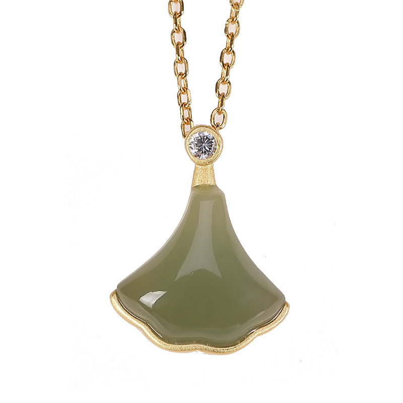 【Hetian Jade】S925 Silver Ginkgo Leaf Celadonish Jade Necklace