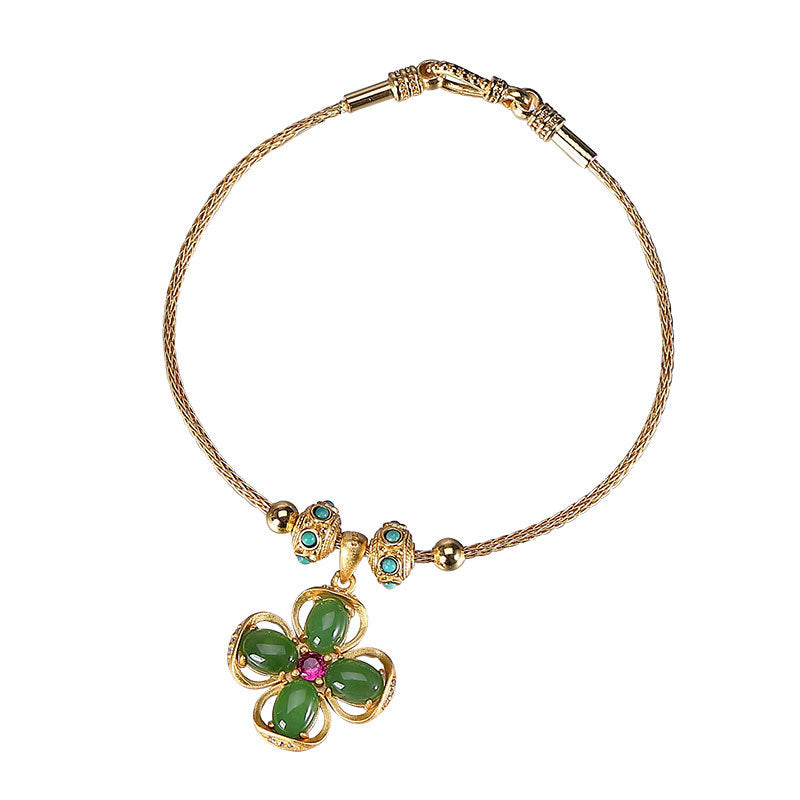 【Hetian Jade】S925 Silver Leaf Clover Green Hetian Jade Bracelet