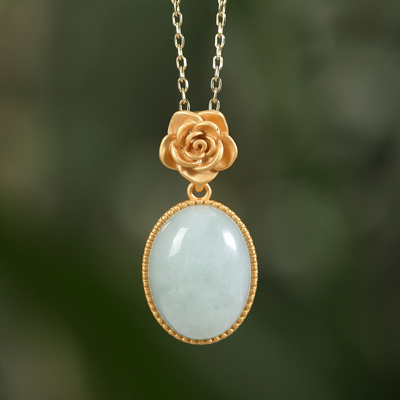 【Jadeite】S925 Silver Floral Rose Jade Necklace