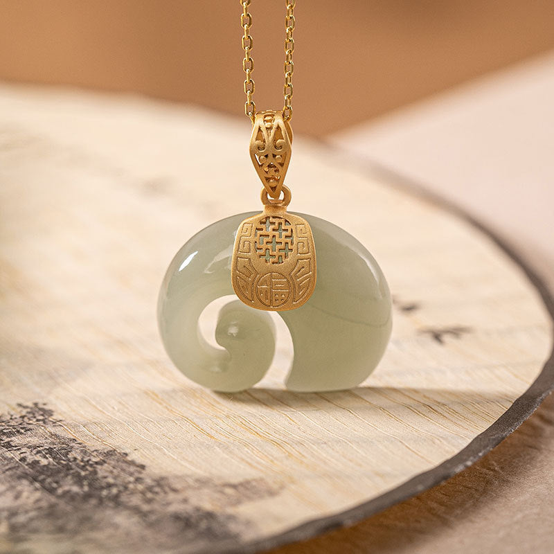 【Hetian Jade】S925 Silver Elephant Celadonish Jade Necklace