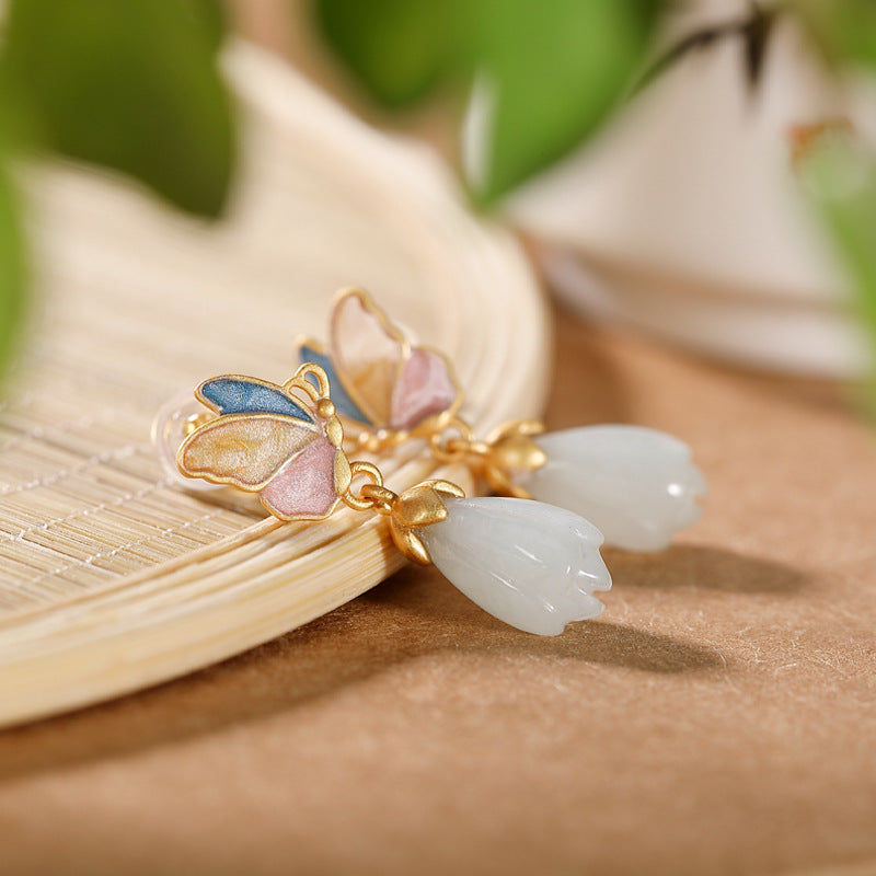 【Jadeite】S925 Silver Butterfly Louts Jade Earrings