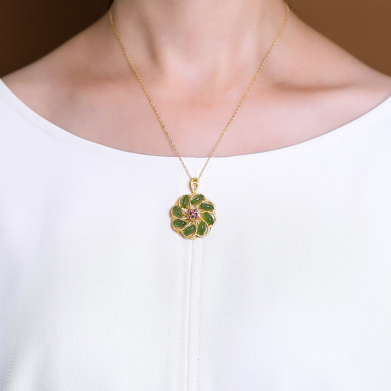 【Hetian Jade】S925 Silver Floral Green Hetian Jade Necklace
