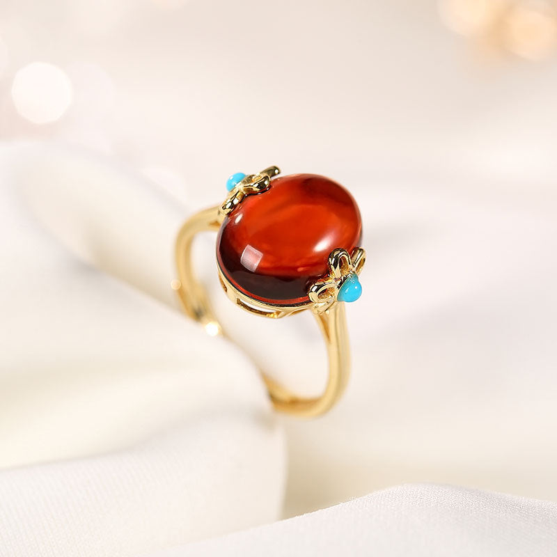 S925 Silver Round Blood Amber Ring